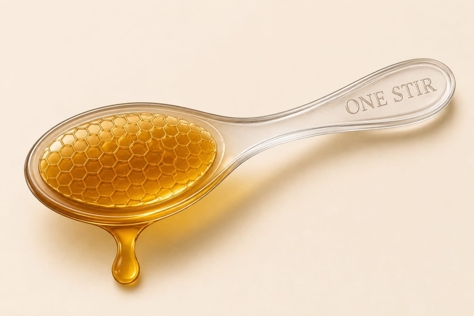 A One Stir spoon filled with honeycomb-textured honey, mid-drip, engraved with the One Stir wordmark